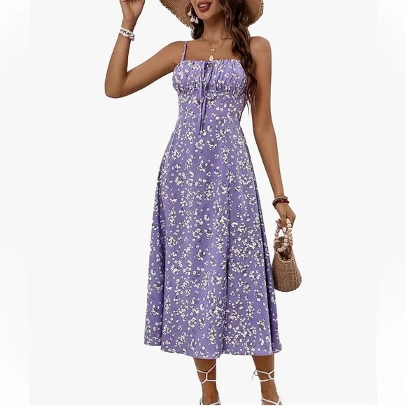 Brovave Purple Ditsy Floral Tie Front Smocked Milkmaid MIDI Dress Small NWT Boho - Picture 1 of 13